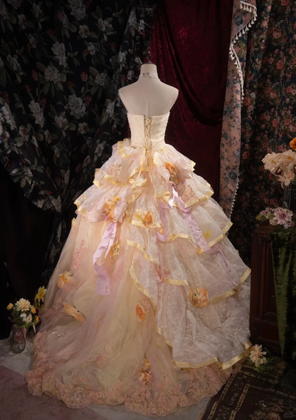 Vintage Strapless Yellow Tulle Ball Gown 3D Floral Applique Beaded Ruffled Trim Lace Quinceanera Dress SP2731
