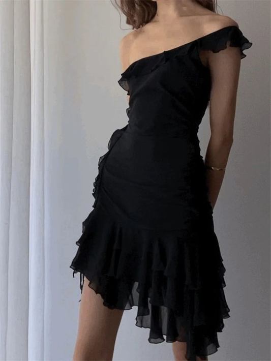 Fashion One Shoulder Black Chiffon Ruffle Cocktail Dress Short Homecoming Dress Birthday Outfits Y9777