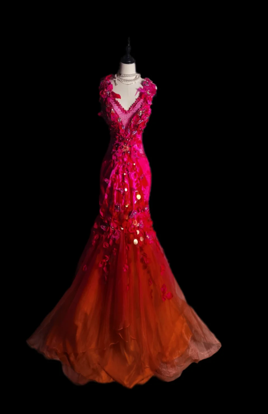 Pretty Ombre Pink Tulle Appliques Beaded Mermaid Evening Dress Formal Birthday Outfits SP606