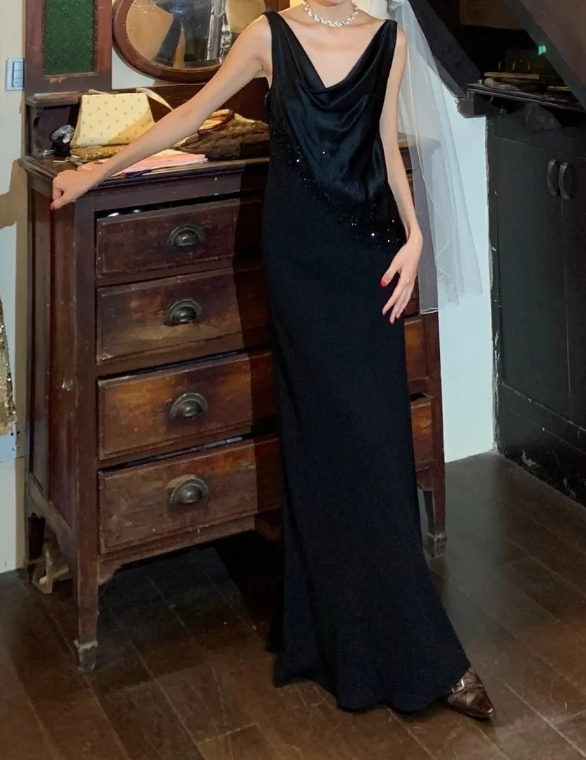 Elegant Black Sleeveless Satin Long Wedding Guest Dress Mermaid Long Party Dress SP3829