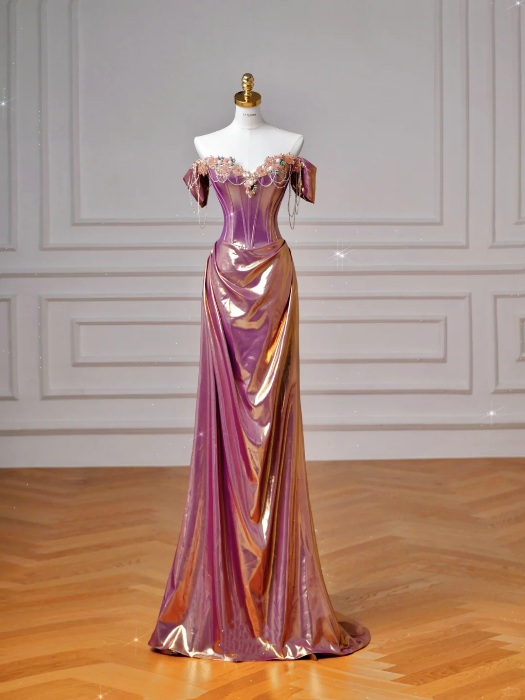 Classy Purple Satin Beaded Mermaid Prom Dress,Off The Shoulder Long Evening Dress Y8605