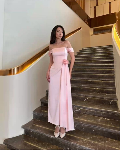 Sweet Pink Off The Shoulder Satin Long Bridesmaid Dress Birthday Outfits  SP762