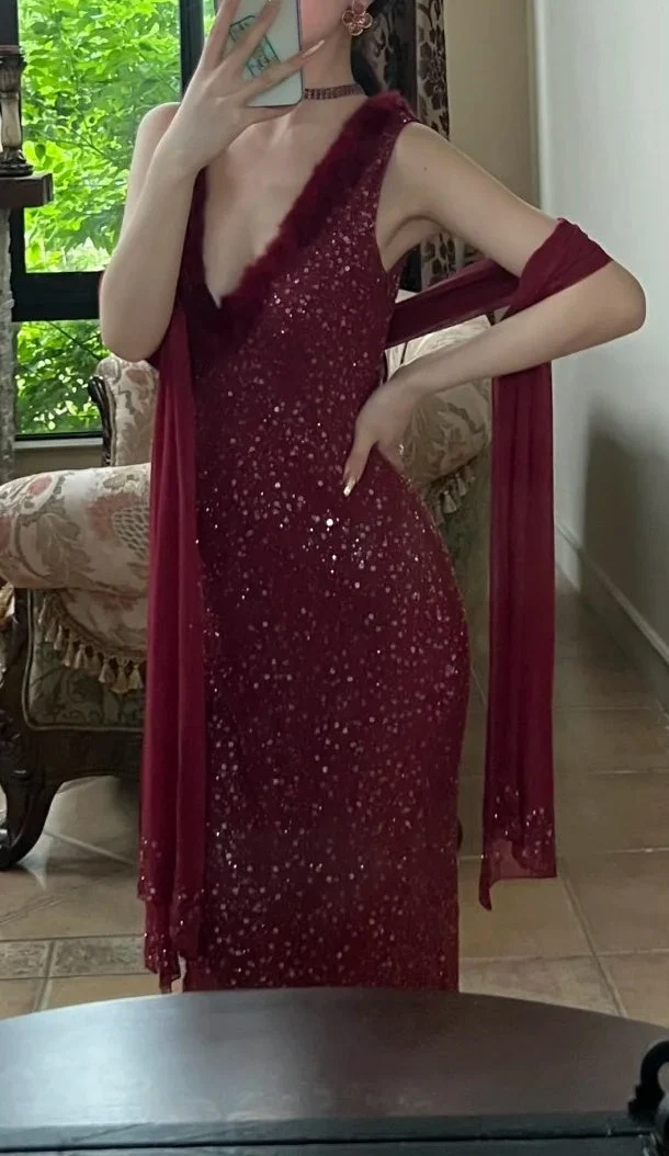Sparkly Burgundy Sequin Long Party Dress V Neck Mermaid Long Birthday Prom Dresses SP3850