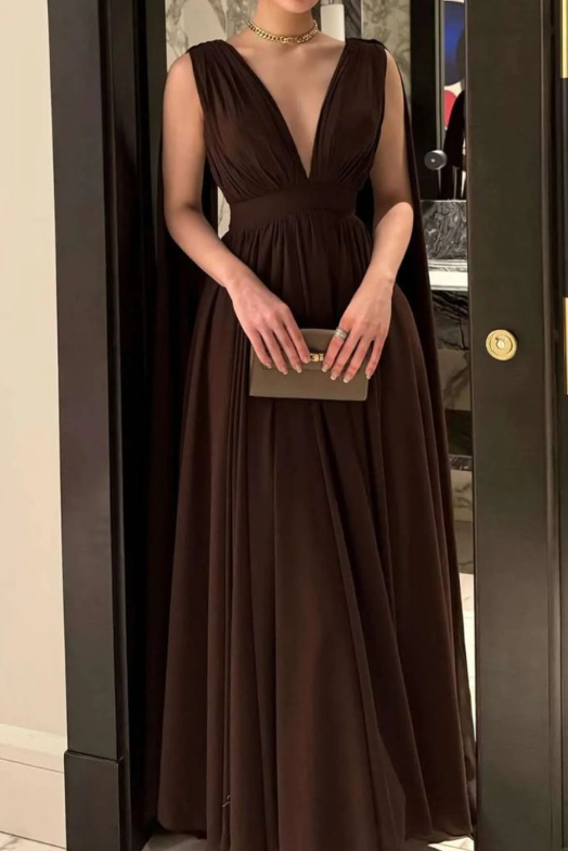 Stylish Brown V Neck Sleeveless A Line Long Wedding Guest Dress Evening Gown SP696