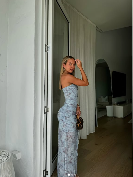 Chic Chiffon Print Floral Long Prom Dress,Strapless Slit Party Evening Dress Y8238