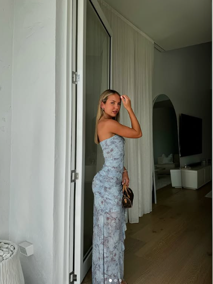 Chic Chiffon Print Floral Long Prom Dress,Strapless Slit Party Evening Dress Y8238