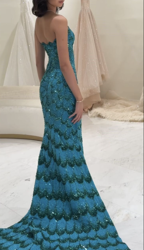 Luxurious Peacock Blue Strapless Satin Sequin Beaded Mermaid Long Prom Dress Evening Dress SP620