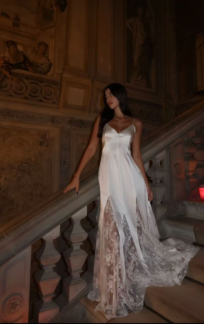 Classy Spaghetti Straps White V Neck Satin Lace Mermaid Party Dress Long Prom Dress SP1003