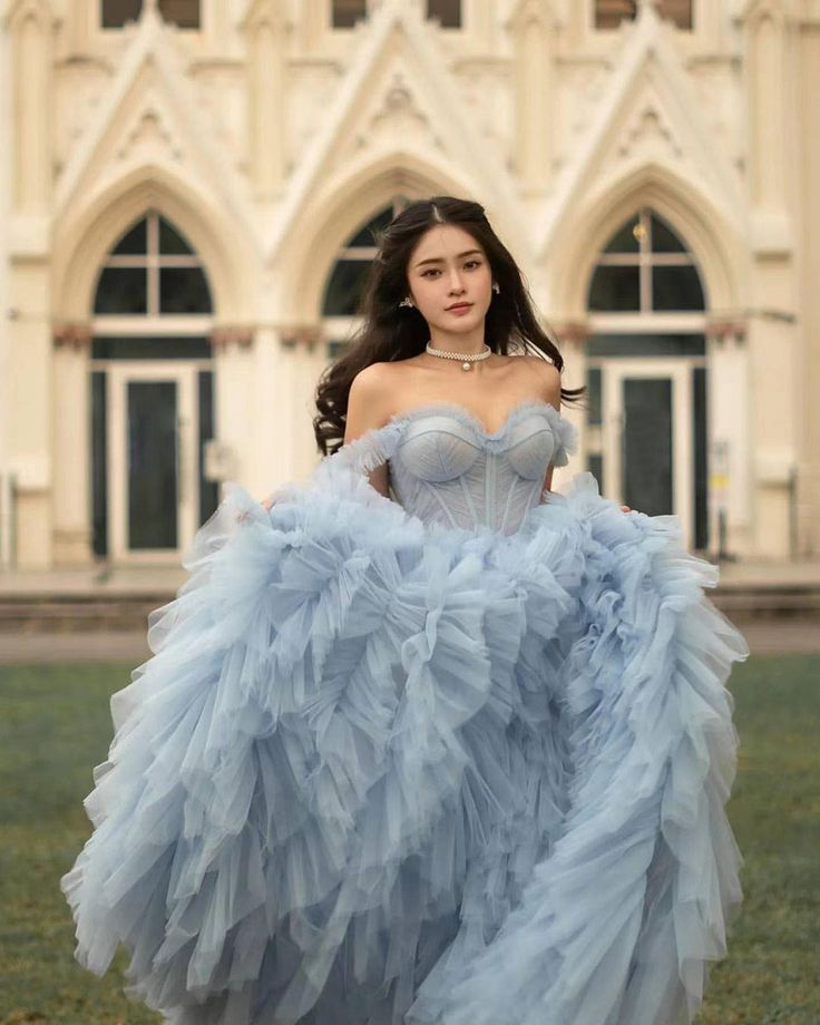 Charming Off The Shoulder Sky Blue Tulle Pleated Long Party Dress Birthday Outfits SP1129
