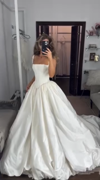 Pretty Spaghetti Straps Satin White Long Wedding Dress  SP822