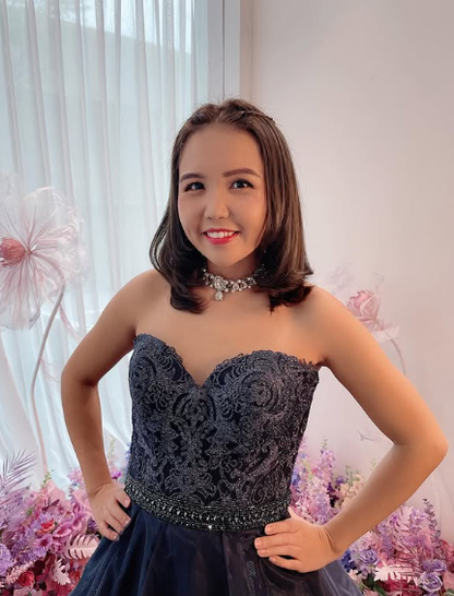 Dark blue lace tulle long ball for teens Prom Dresses Y5852