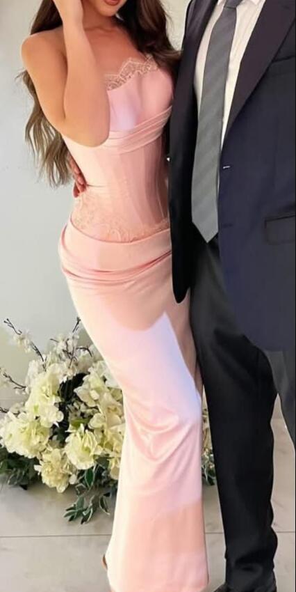 Elegant Strapless Satin Lace Mermaid Prom Dress，Pink Long Party Dress SP2586