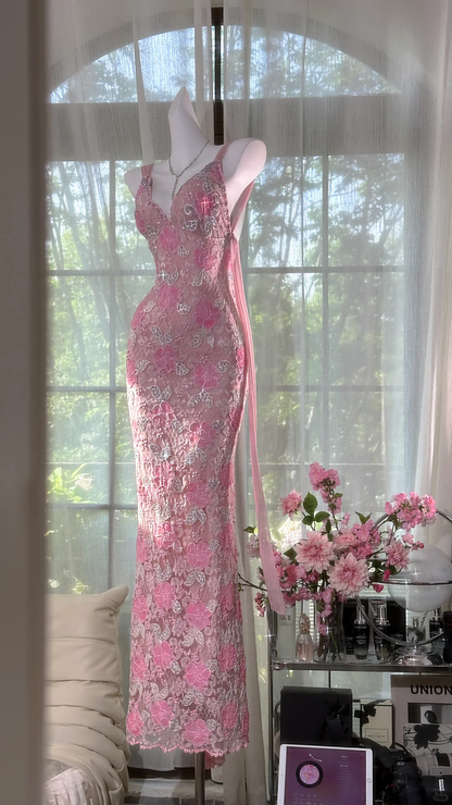 Pretty Pink V Neck Lace Floral Sheath Long Evening Dress Backless Long Birthday Party Gown SP665