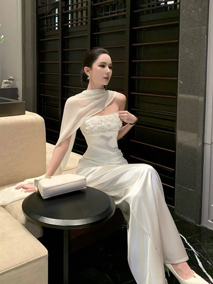 Elegant White Strapless Satin Floral Sheath Long Evening Dress Birthday Dress With Scarf SP2290