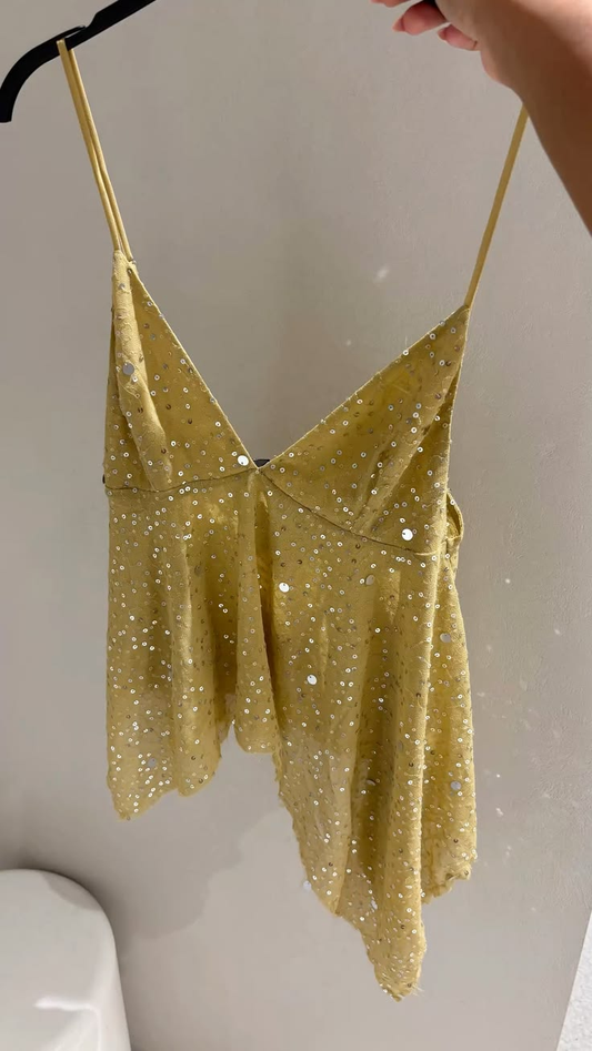 Sparkly Spaghetti Straps V Neck Mini Birthday Dress,Yellow Satin Sequin A Line Short Homecoming Dress SP2464