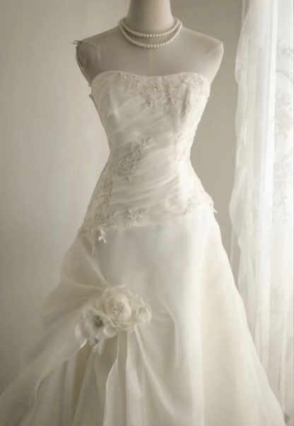 Classy Strapless Chiffon Appliques Mermaid White Long Wedding Dress SP1167