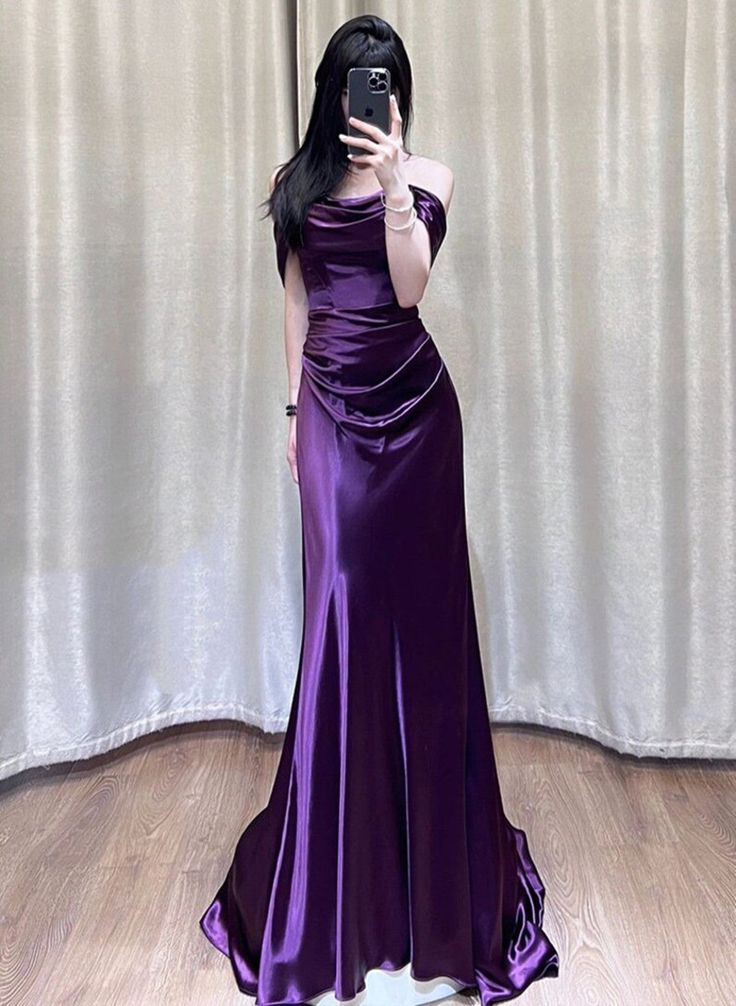 Purple Satin Off Shoulder Long Evening Dress, Satin Prom Dress Y7440