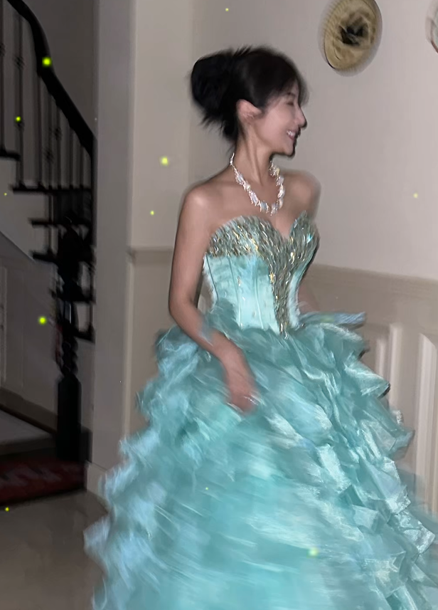 Classy Sweetheart Neck Blue Tulle Layered Beaded Long Birthday Prom Dress Evening Gown SP723