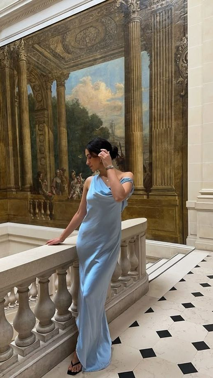 Classy Blue Satin Mermaid Long Wedding Dress Party Dress  SP1093