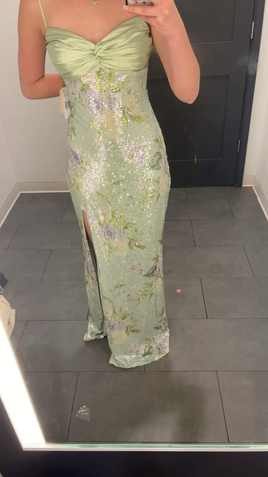 Gorgeous Spaghetti Straps Sequin Floral Mermaid Slit Prom Dress,Mint Green Long Party Dress SP2534