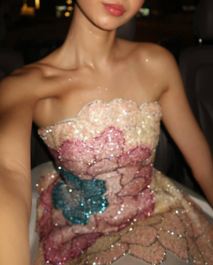 Classy Strapless Satin Sequin Long Evening Dress Formal Birthday Prom Dress SP575