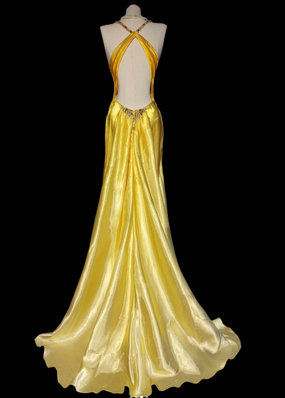 Pretty Yellow Satin Beaded Mermaid Evening Dress Backless Long Birthday Prom Dress SP475