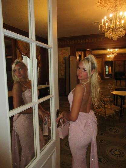 Elegant Pink Spaghetti Straps Sequin Mermaid Prom Dress,Backless Long Party Gown With Bow SP2965