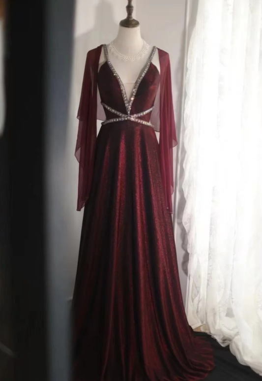 Sexy Burgundy Satin Beaded Backless Long Evening Dress Prom Gown SP848