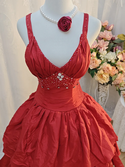 Vintage Spaghetti Straps Satin layered Beaded A Line Cocktail Dress,Red Short 7th Grade Homecoming Dress SP2708