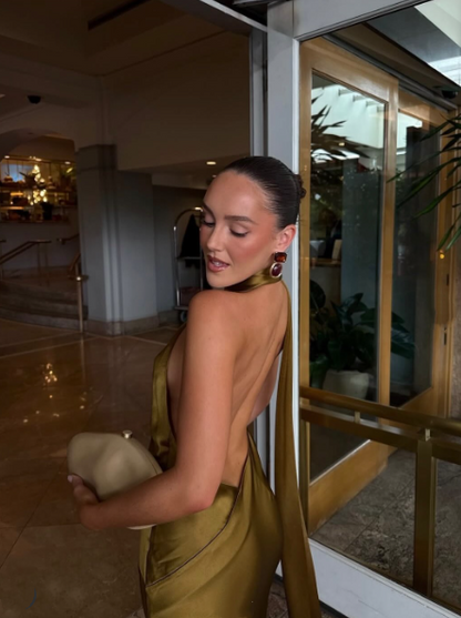 Sexy Olive Green Halter Satin Mermaid Evening Dress Backless Long Wedding Guest Dress SP1100