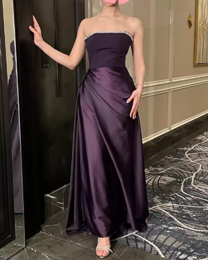 Vintage Strapless Dark Purple Satin Lace Beaded Long Evening Dress Formal Wedding Guest Dress SP471