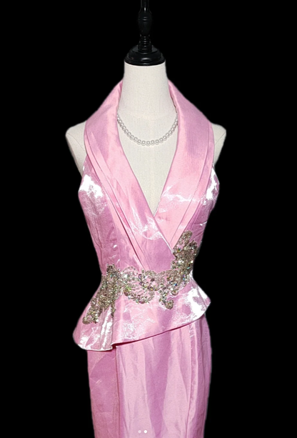 Cute V Neck Pink Satin Beaded Mermaid Party Dress Long Wedding Guest Dress SP508