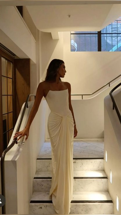 Stylish Strapless White Satin Pleated Long Evening Dress Prom Dresses SP519