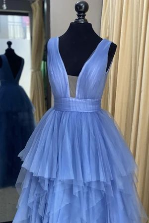 Blue tulle long prom dress A line evening dress Y5340