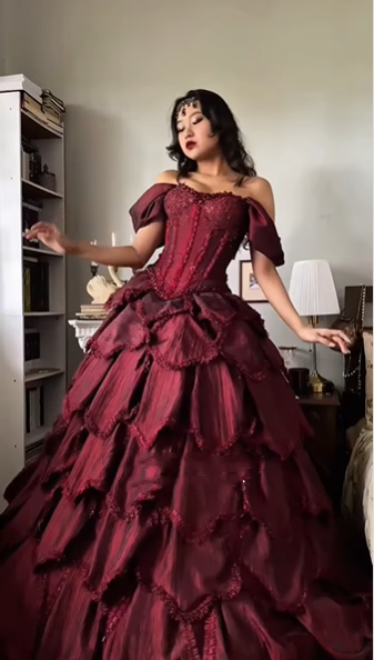 Vintage Off The Shoulder Satin Beaded Petals Layered Ball Gown Burgundy Quinceanera Dress Sweet 16 Dress SP2252