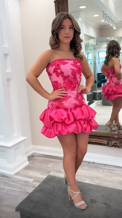Pretty Pink Satin Floral A Line Short Graduation Homecoming Dress,Strapless Short 16th Birthday Outfits SP3345