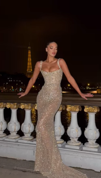 Sparkly Sequin Beaded Champagne Mermaid Evening Dress Birthday Outfits SP797