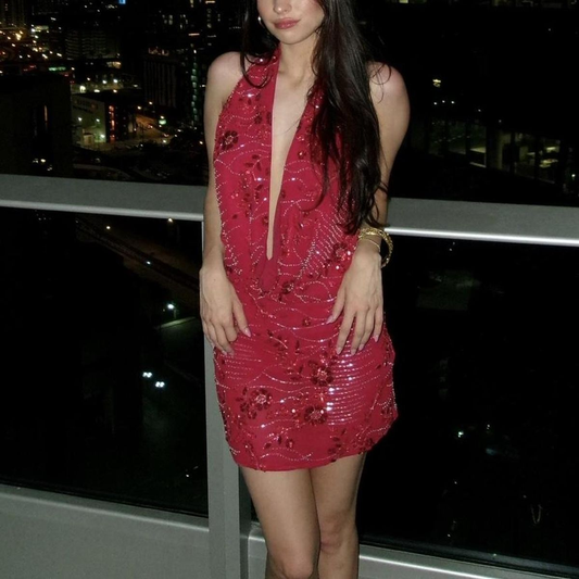Sexy Burgundy Halter Chiffon Sequin Beaded Sheath Cocktail Dress Formal Graduation Homecoming Dress Y9776