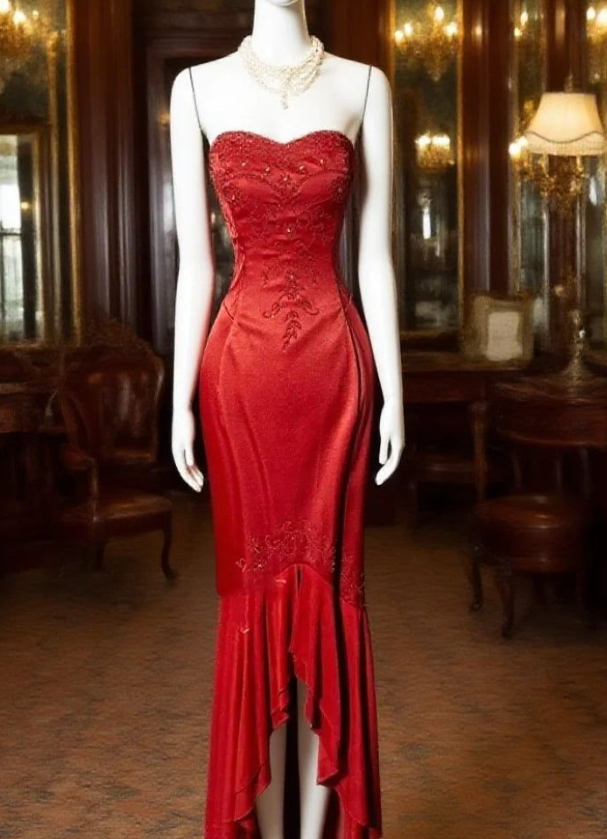 Fashion Sweetheart Neck Red Satin Beaded Mermaid Prom Gown Long Party Dress SP364