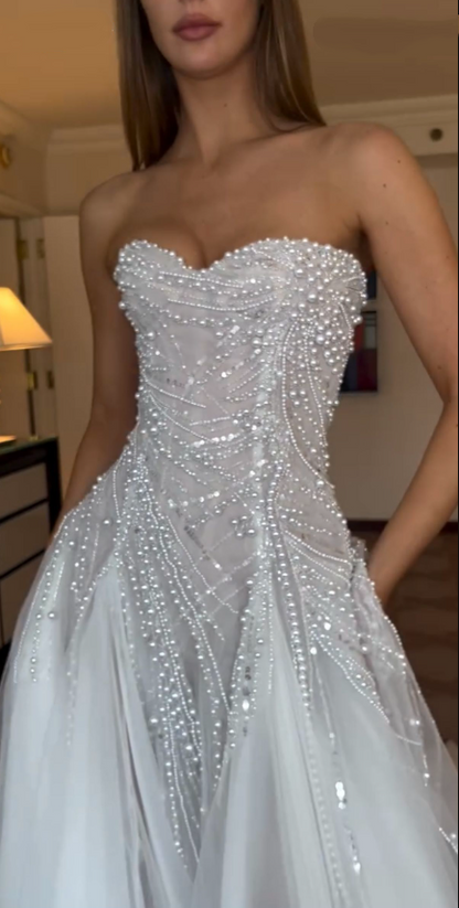 Pretty Sweetheart Neck Tulle Pearls White A Line Long Wedding Dress Bridal Dress SP2972