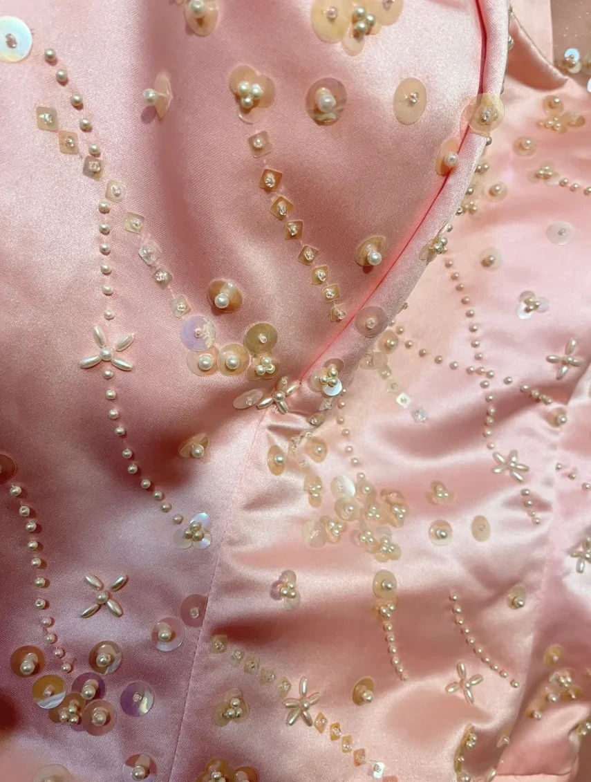 Elegant Pink Strapless Satin Tulle Beaded Long Party Dress Prom Dresses SP407