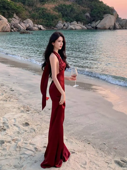 Sexy Halter Sequin Satin Mermaid Long Evening Dress Red Backless Birthday Prom Gowns SP2288