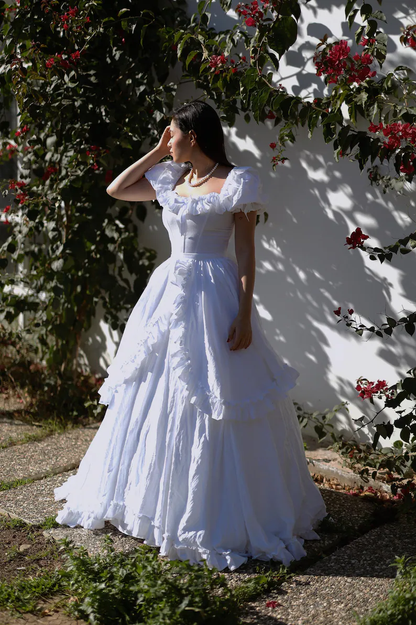 Vintage Off The Shoulder White Satin Ruffles Wedding Dress Long Bridal Dress SP2104