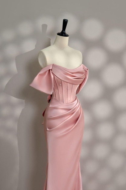 Classy Long Pink Satin Off Shoulder Evening Party Dresses Mermaid  Wedding Guest Dresses Y8693