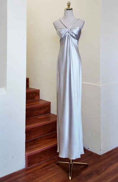 Elegant Satin Silver V-neck Long Wedding Guest Dress Long Birthday Party Dress SP3839