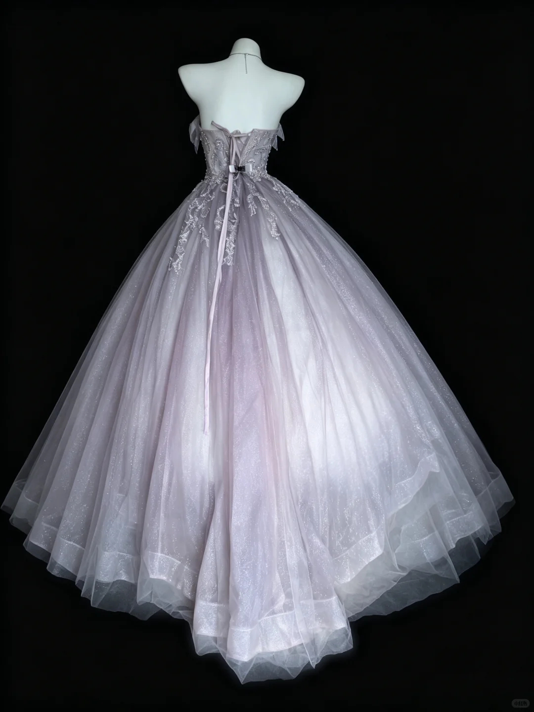 Lavender Strapless Ruffle Bow Tulle Ball Gown Rhinestone Beaded Long Quinceanera Dress SP2728
