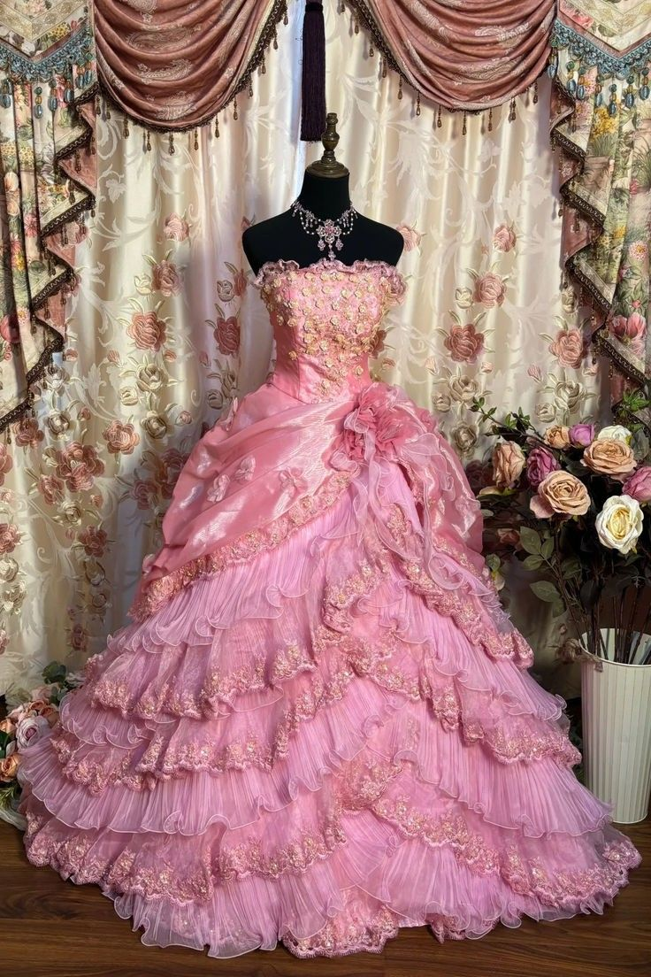 Pretty Pink Strapless Tulle Lace Layered Quinceanera Dress Sweet 16 Dress With Appliques SP529