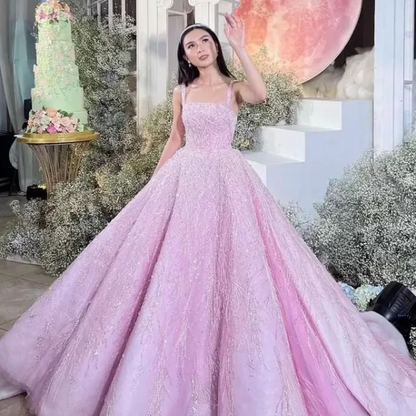New Arrival Pink Straps Sequin Beaded Long Ball Gown Formal Occasion Gowns Y4918