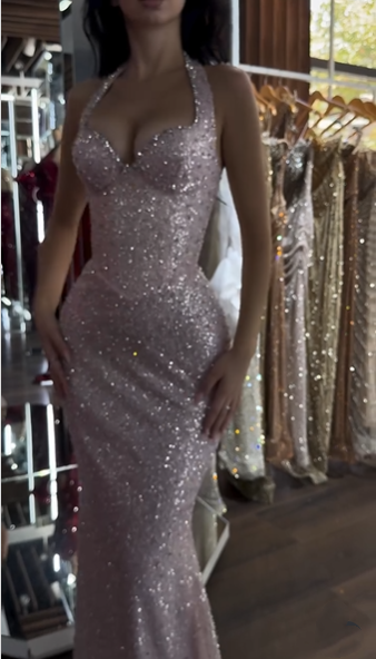 Glitter Pink Halter Sequin Beaded Mermaid Party Dress Long Birthday Prom Gown SP803