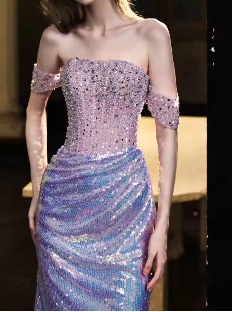Glitter Off Shoulder Beaded Sequin Mermaid Prom Purple Formal Evening Gown Y8182